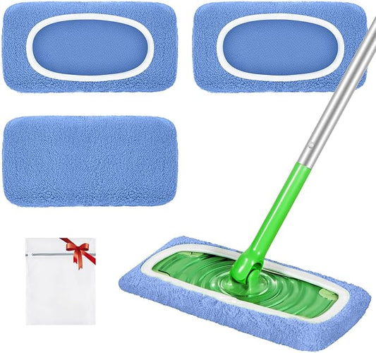 Reusable Mop Pads Compatible with Swiffer Sweeper Mop, Microfiber Dry Sweeping Cloths & Machine Washable Wet Pads Refill for Use on All Sealed Floors - Stone, Hardwood, Laminate & Tile (3 Blue)