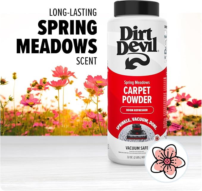 Dirt Devil Carpet Powder, 32 oz, Room Refresher and Odor Eliminator | Spring Meadows Scent, Vacuum Cleaner Safe, For Carpets, Rugs, Upholstery and More, Carpet Freshener Powder for Home Use