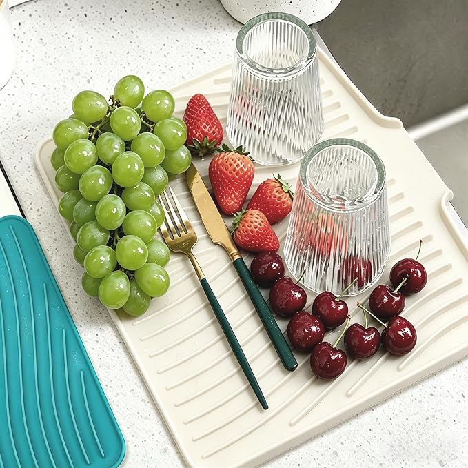 EBIGIC Silicone Dish Drying Mat,19.7"*17"Dish Drying Pad ,Kitchen Accessories,with Built-In and Non-Slip Drain,Easy Clean, Fit for Kitchen, Bar, RV, Refrigerator and Drawer Liner, Off White