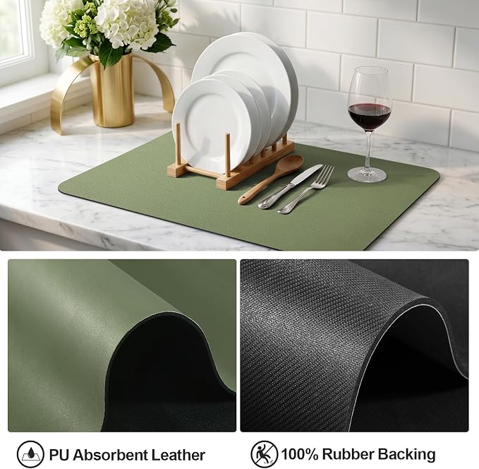 Ecotrim - Dish Drying Mat for Kitchen Counter | Coffee Bar Mat for Countertops | Heat Resistant Drainer Mat with Non-slip Rubber Backed | Hide Stain Kitchen Absorbent Draining Mat | Green 18"x32"