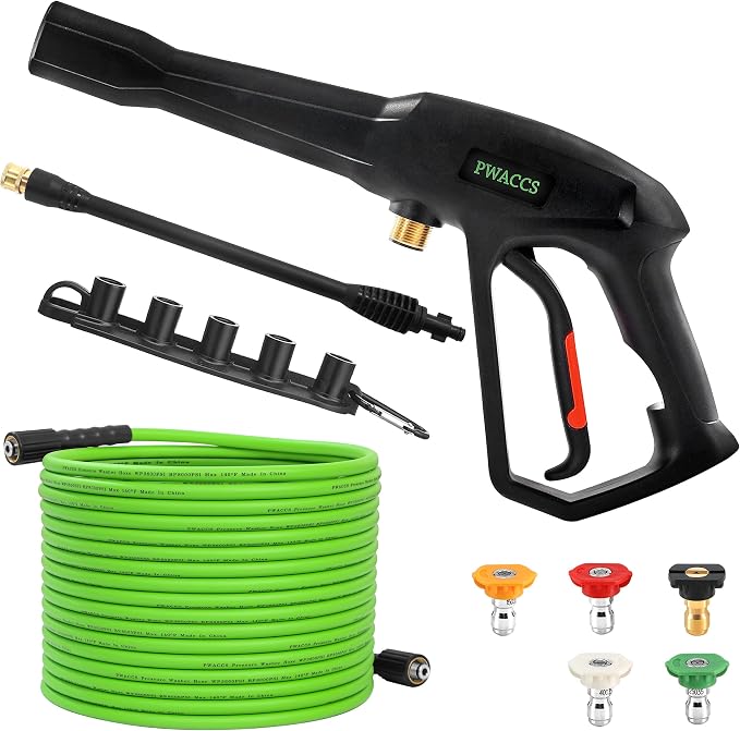 PWACCS Pressure Washer Hose and Gun, 50 FT Power Washer Hose Wand Kit | Pressure Wash Extension Wand, 5 Nozzle Tips, M22-14 Fitting, Compatible with Ryobi, Green Works & Karcher