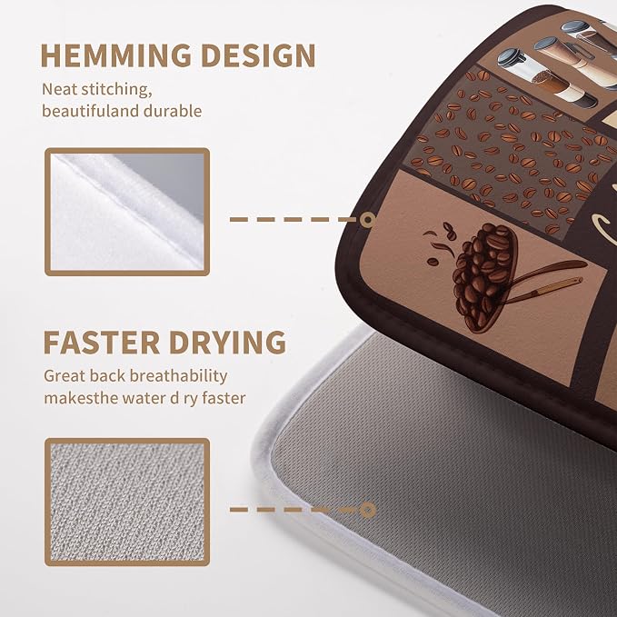 Coffee Theme Dish Drying Mats for Kitchen Counter Absorbent Microfiber Dish Drainer Mats Brown Pattern Coffee Bar Mat for Countertop Washable Dishes Drying Pad Extra Large 18x24 Inch