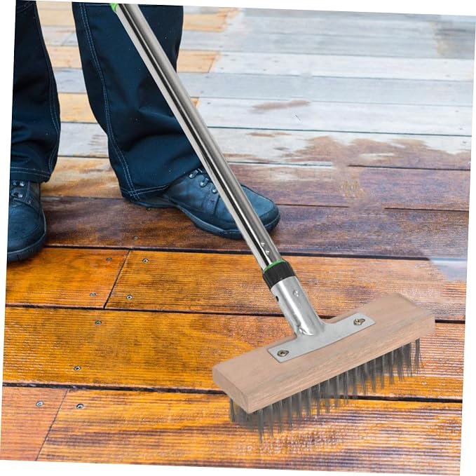 Long Handle Scrub Brush Stiff Bristle Stainless Steel Brush for Outdoor Cleaning for Concrete Pool Surfaces Removes Moss Tough Stains