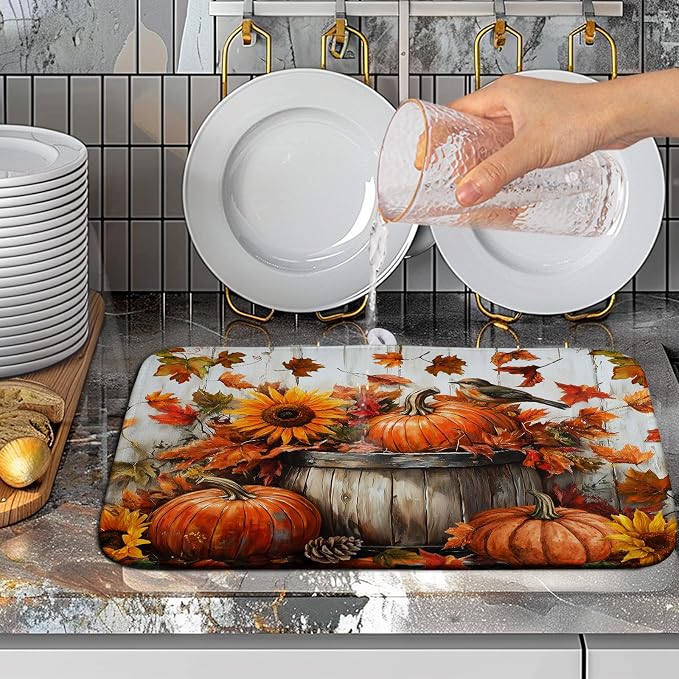 Fall Dish Drying Mat for Kitchen Counter Autumn Thanksgiving Pumpkin Sunflower Maple Leaf Leaves Birds Dishes Draining Pad Washable Dish Drainer Rack Mat Medium 16x18 Inch