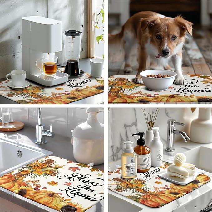 Fall Drying Mat for Kitchen Counter Autumn Thanksgiving Pumpkin Cross Dish Mat Sunflower Maple Leaf Absorbent Microfiber Dish Draining Mat Reusable Dishes Pad Extra Large 18"x24"