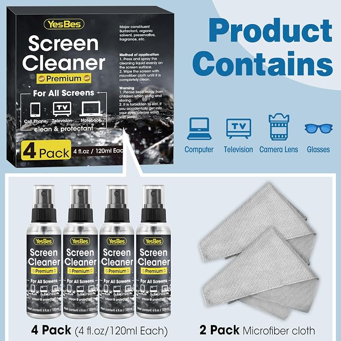 Screen Cleaner Spray 16oz (4oz x 4 Pack) - TV & Computer Screen Cleaner with 2 Microfiber Cloths for Multiple Devices