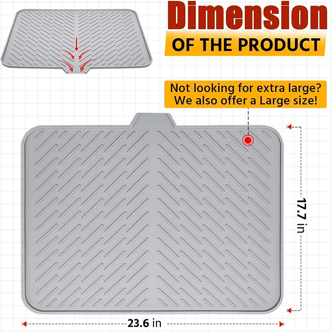 Luxet Silicone Dish Drying Mat with Built-in Drain Lip - Hygienic Drying Pad - Sturdy Compact Easy to Clean Tray Protects Surfaces Prevents Water Build Up - 23 X 17 (Grey)