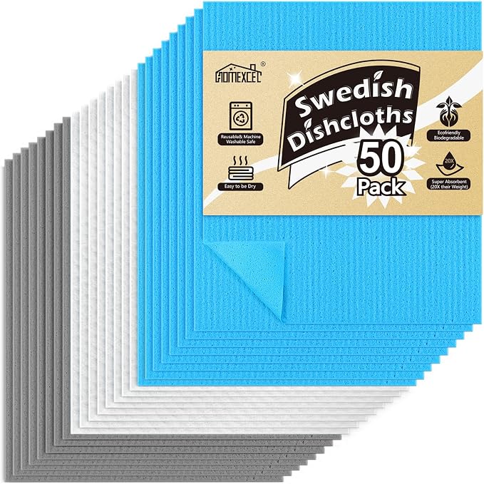 HOMEXCEL Swedish Dishcloths for Kitchen, 50 Pack Reusable Sponge Dish Cloth for Kitchen and Cleaning Counters, Super Absorbent Paper Towels (Blue/White/Grey)