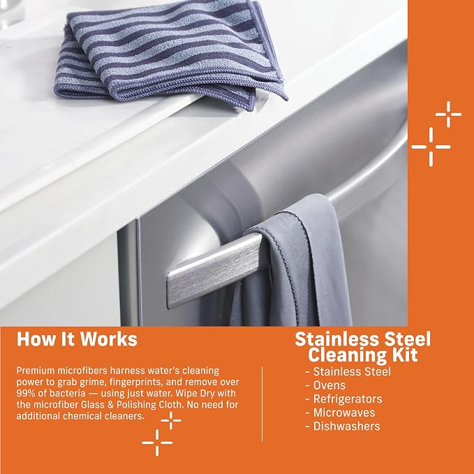E-Cloth Stainless Steel Microfiber Cleaning Cloth Pack - Glass & Polishing + Stainless Steel Cleaner Cloth for Appliances, Cars & More, Reusable & Washable Microfiber Towels, Cleans with Water
