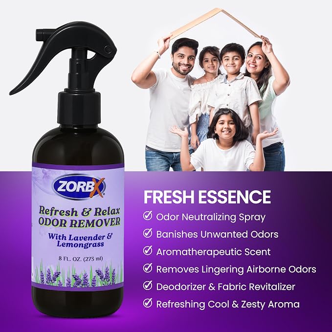 ZORBX Refresh & Relax Lavender Lemongrass Odor Remover Spray 8 Oz, 2-Pack | Natural Room Deodorizer for Medical Rooms, Closet, Home, Bathroom, Furniture, Carpet, Car, Gym & Laundry, Permanent Solution