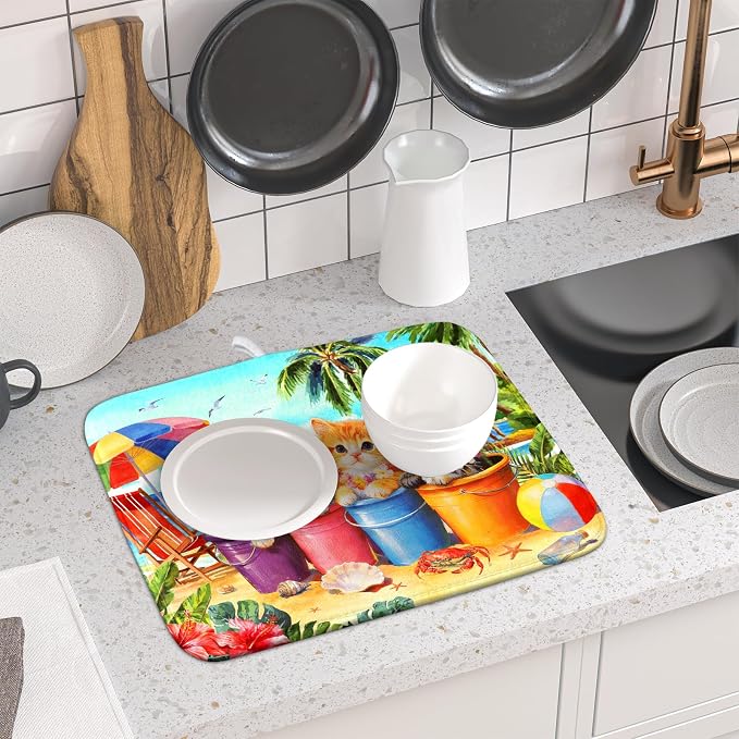 Lovely Cat Dish Drying Mat for Kitchen Counter Holiday Beach Absorbent Coffee Bar Mat 16 X 18 In