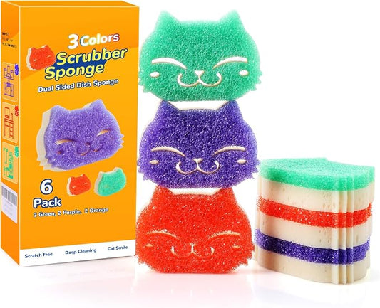 Eyliden 6 Pack Scrub Sponge, Dual-Sided, Smart-Temp Firmness, Dish Scrubber | Non-Scratch, Multi-Surface Safe Cleaning Sponges for Kitchen, Bathroom, Dish Scrubbing, Cute Cat Smile Design