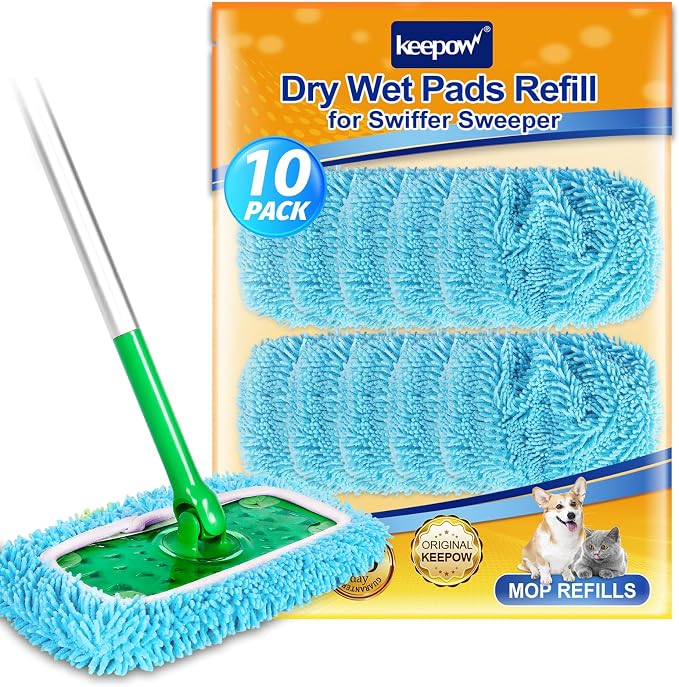 KEEPOW Reusable Mop Pads Compatible with Swiffer Sweeper Mop Microfiber Mops Pads Dry Sweeping Cloths & Wet Mopping Cloths Chenille Washable Wet Pads Refill for Mopping Floors Cleaning 10 PCS