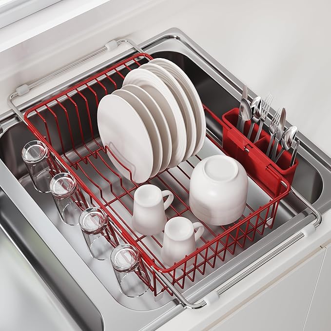 JASIWAY Red Dish Drying Rack in Sink, Expandable Stainless Steel Dish Drainers for Kitchen Counter, Dish Dryer Rack for Inside Sink, Over The Sink Dish Racks with Utensil Holder