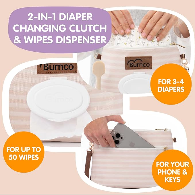 Bumco Diaper Clutch Bag - Portable Wipes Dispenser & Diaper Holder, Airtight Travel Baby Wipes Case, Wipe Dispenser Travel Baby Wipes Dispenser On the Go, Diaper Wristlet