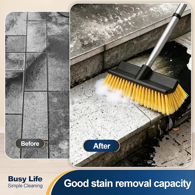 Yocada Deck Brush with 4-Section Extendable Handle Floor Scrub Brush | Soft &Medium Bristles Non-Slip Grip for Outdoor Deck Patio Bathroom Garage Concrete Cleaning 54.3 Inch