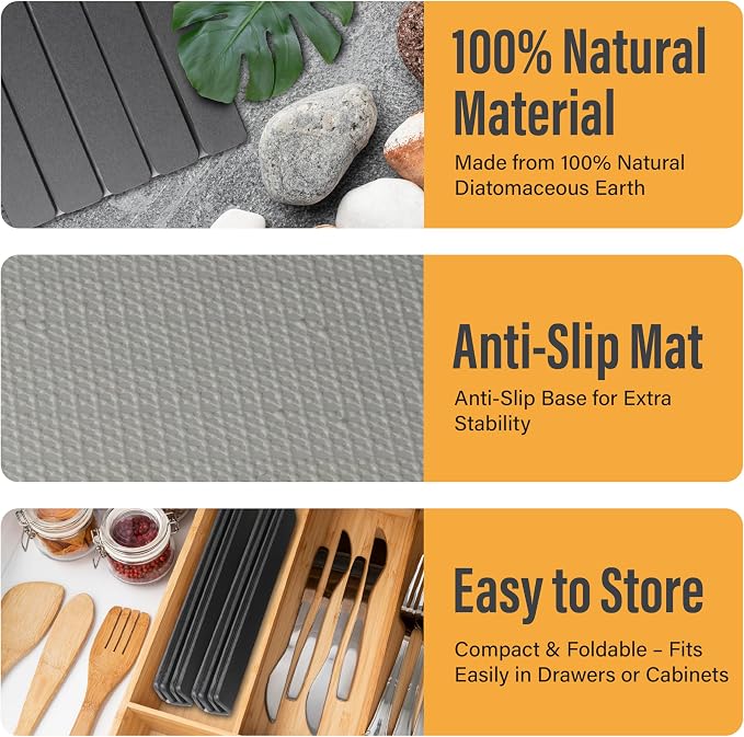 Large Foldable Stone Dish Drying Mat – Diatomaceous Earth, 2 Pack (12"x16" Each) or 24"x16" Combined – Fast Dry, Anti-Slip Pad, Sanding Tool & Instruction Manual for Kitchen and Bathroom, Dark Gray