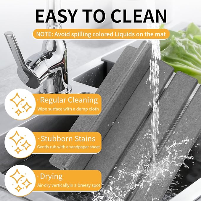 Stone Dish Drying Mat for Kitchen Counter, 16''×12'' Quick Dry Stone Dishes Mats Foldable Foldable Water Absorbing Diatomaceous Earth Drying Organizer Pad for Dishes Utensils Bottles(Dark Gray)