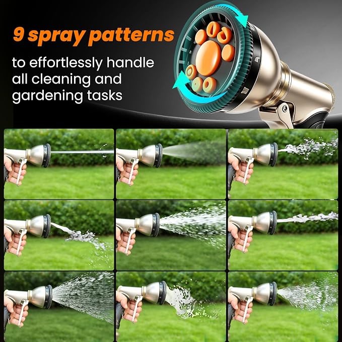 ARXIVE 9-Pattern Brass Hose Nozzle, High Pressure Leakproof Water Sprayer | Versatile sprayer with non-slip grip,Ideal for garden,car and pets,Durable rustproof metal build for daily outdoor use