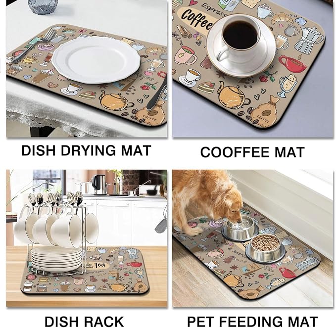 Coffee Bar Mat Accessories for Countertop Super Absorbent Anti-Slip Silicone Dish Drying Mats Kitchen Counter Draining Pad Decor Gift Fit Maker Pot Espresso Machine 23inx15in