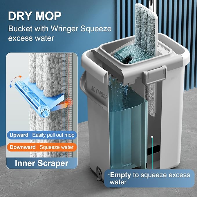 JOYMOOP Mop and Bucket Set for Floor and Wall Cleaning, Commercial and Household Use, Flat Mop System with 60" Dual Mops + 8 Pads