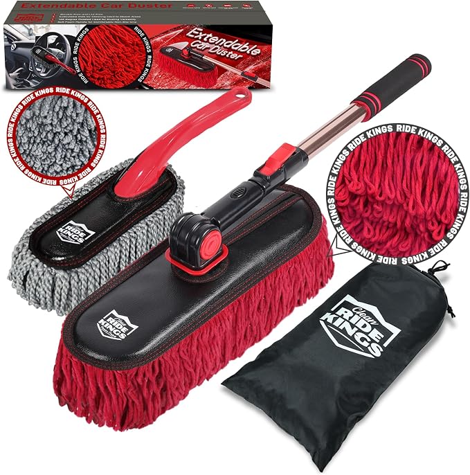 Exterior Car Duster & Brush Kit - Loop End, Red Brush | Telescoping wax cotton auto mop traps pollen scratch-free. Combo with inside detailing tools & bag. Ideal gift for SUV, RV.