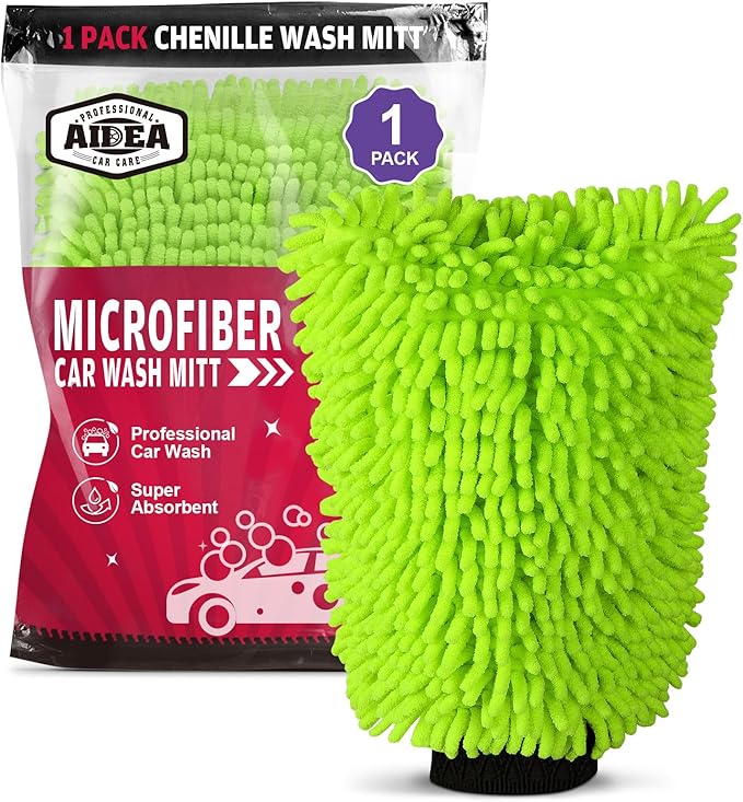 AIDEA Car Wash Mitt Microfiber, 1PK, Car Wash Brush, Green, 7.12''X10.14'' | Scratch Free Lint-Free Premium Chenille Microfiber Mitt, Cleaning Supplies, Regular Size