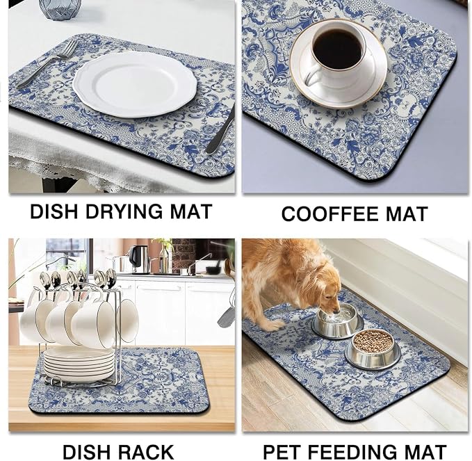 Dish Drying Mat 2-Pack with Baroque for Kitchen Counter Absorbent Dishes | Diatom Mud Mats (18x24, 19.5x12"). Non-slip rubber back for kitchen counter, coffee bar & sink scenes