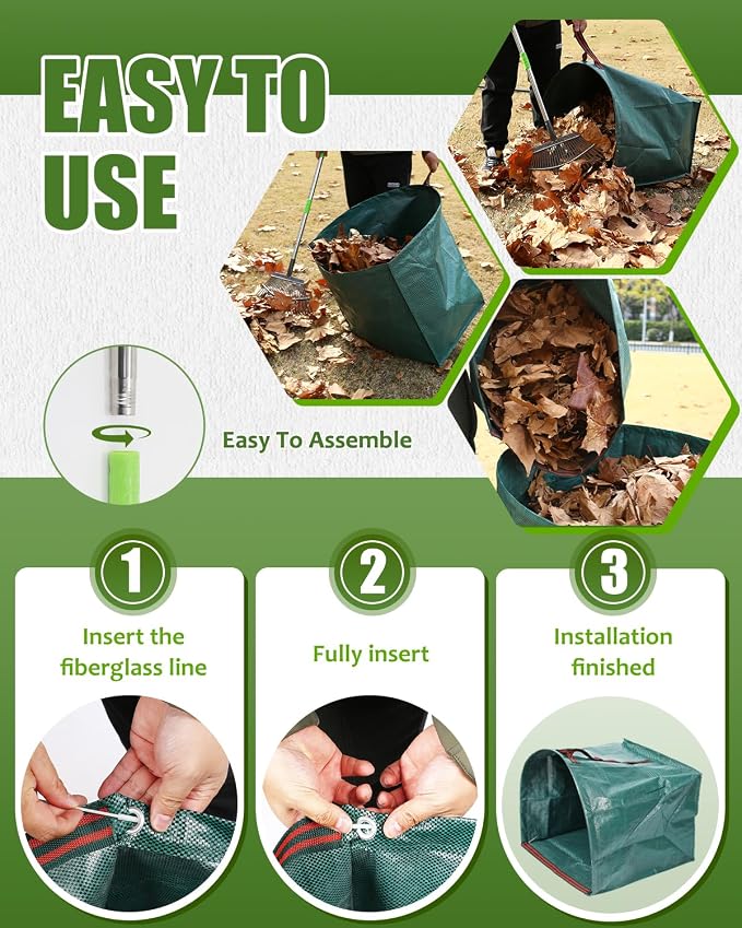 65 Inch 25 Tines Metal Leaf Rake Set with 40 Gal Dustpan-Type Bags | Heavy duty garden rake, Leaf gathering tool, Yard waste bag set, Metal dustpan rake, Lawn tool, Grass clippings sweeper