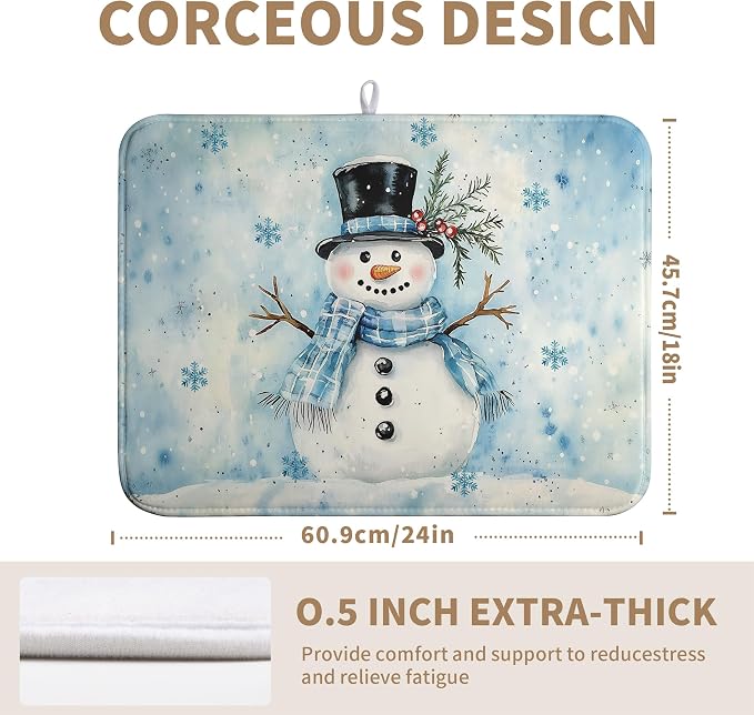 Snowman Super Absorbent Dish Drying Mat, 18x24 Inch, Winter Blue Snowflake Dish Drainer Rack, Large, Microfiber Dry Mat, Christmas Kitchen Accessory