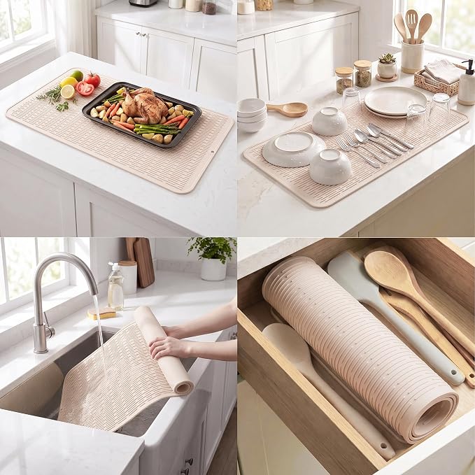 MicoYang Silicone Dish Drying Mat for Multiple Usage,Easy clean,Eco-friendly,Heat-resistant Silicone Mat for Kitchen Counter or Sink,Refrigerator or Drawer Liner Tapioca 5XL 36inches x 18inches