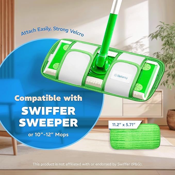 4 Pack Reusable Microfiber Mop Pads, Compatible with Swiffer Sweeper, Machine Washable Cloths, Scraper Included, Refills for All Floor Cleaning, Hook and Loop, Wet Dry - 10"- 12"