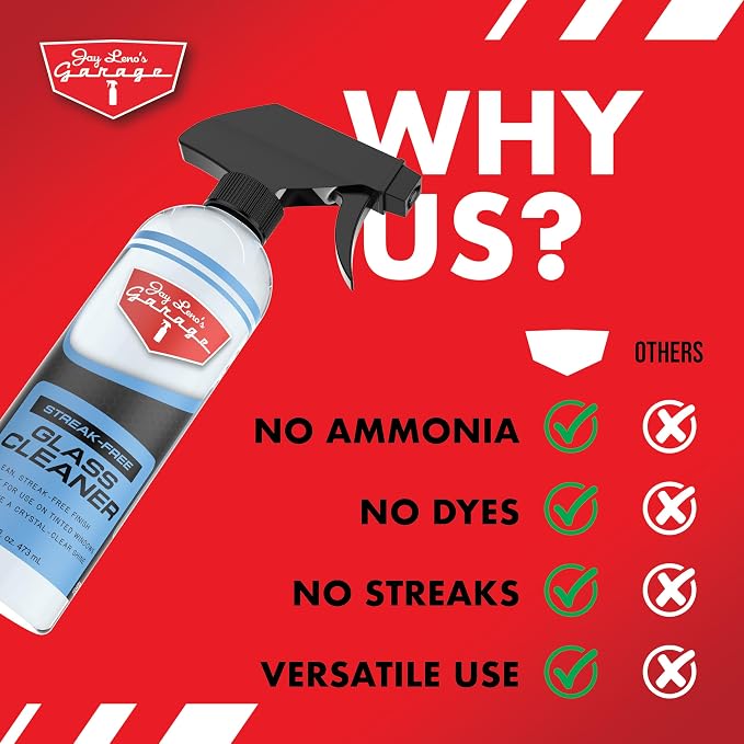 Jay Leno's Garage Glass Cleaner Spray Streak-Free Auto Glass Cleaner for Cars, Automotive Window Cleaner for Car Windows, Windshields & Mirrors 16 oz (Pack of 2) (16 oz (Pack of 2))