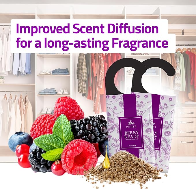 12 Packs Large Closet Deodorizer for Women - Berry Odor Absorber by Perfa | Hanging Scented Luxury Fragrance - Weeks of Continuous Freshness - Keeps Stored Fabrics Smelling New - Good for 120 Days