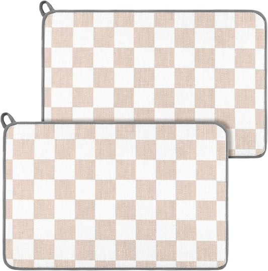 Zonon Checkered Dish Drying Mat for Kitchen Counter 12" x 19" Microfiber Absorbent Dish Drainer Rack Pads Fast Dry Mat Vintage Kitchen Decorations