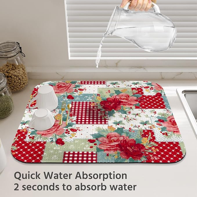 Dish Drying Mat for Kitchen Counter 16x18 Inch, Super Absorbent Dish Drainer Mat, Decorative Microfiber Dishes Drying Pad-Small(Red Flower)