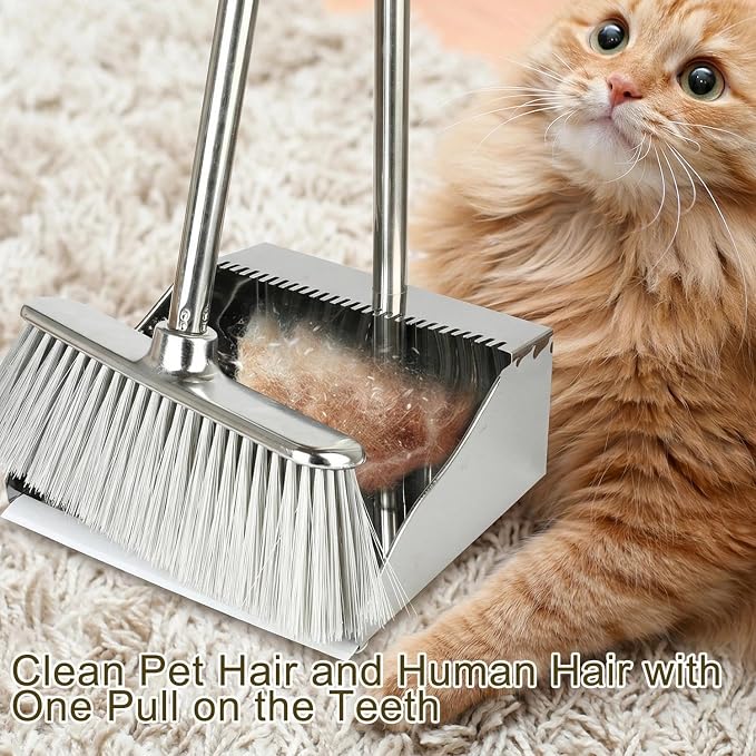 Metal Dustpan with Broom Set, Long Handle Stainless Steel Dustpan,Heavy Duty Standing Dust Pan with Teeth, Indoor Outdoor Up for Home Kitchen Lobby Room Office