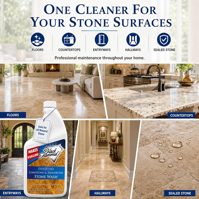Black Diamond Stoneworks Limestone & Travertine Stone Wash Concentrate – pH Neutral Cleaner for All Sealed & Unsealed Natural Stone Floors Including Marble, Slate, Granite & More. (1 Quart)