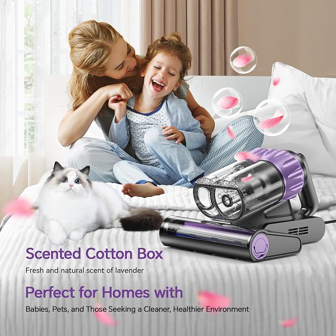 Bed Mattress Vacuum Cleaner - 20 kPa Suction,150°F Heat,Aroma,253.7nm UV-C | Smart Dust Sensor,40800RPM Roller Brush,Ultrasonic,500W Powerful Handheld,HEPA Filter,for Bed,Sofa,Couch