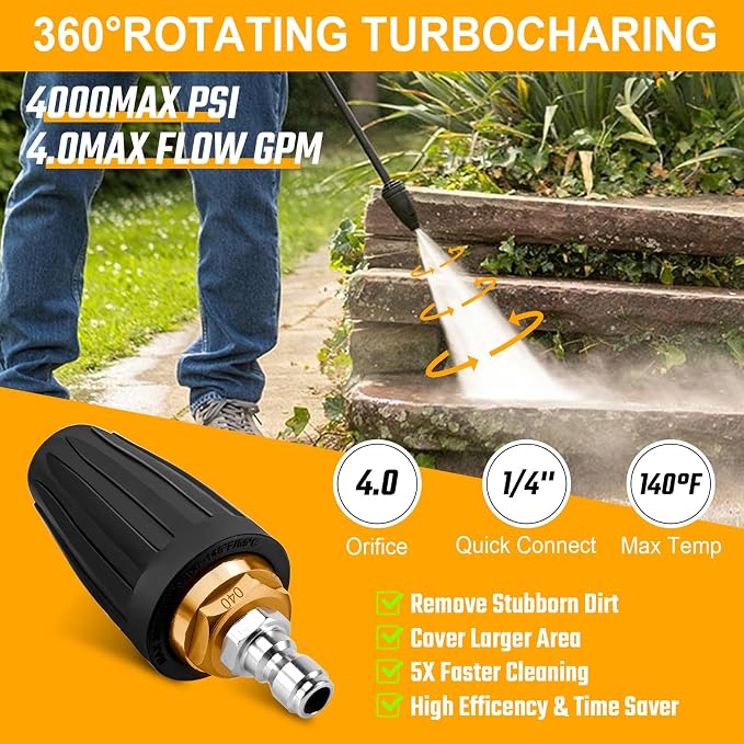 Pressure Washer Turbo Tip 4000PSI, 5 Pressure Washer Nozzle Tips, 4.0 GPM | Turbo Nozzle Tips Set 360° Rotating Presure Washer Turbo Nozzle 1/4'' Quick Connect, Multiple Degrees (0, 15, 25, 40,Soap)