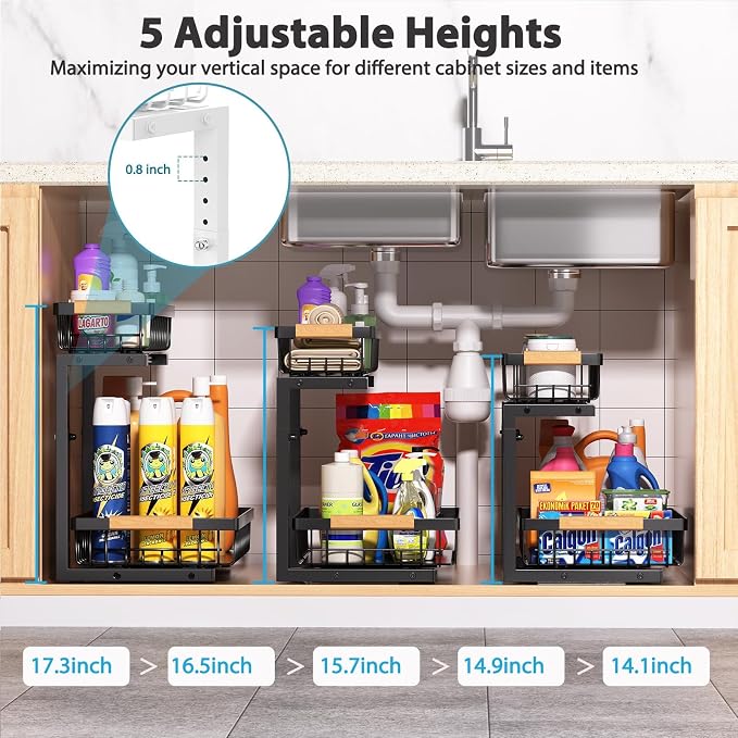 Liuoud Under Sink Organizer 2 Pack, 2 Tier Slide Out Large Capacity Height Adjustable Under Sink Organizers and Storage for Kitchen Bathroom Cabinet, Black