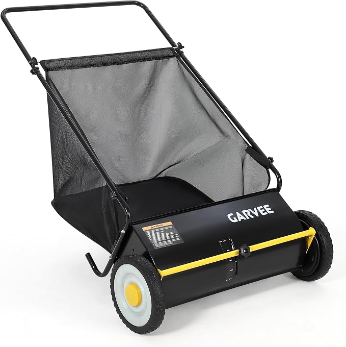 Garvee 26 in Heavy-Duty Push Lawn Sweeper - 4 Spinning Brushes, 7Ft³ Large Capacity Collection Bag, Adjustable Height for Grass, Leaves & Debris On All Terrains, Black