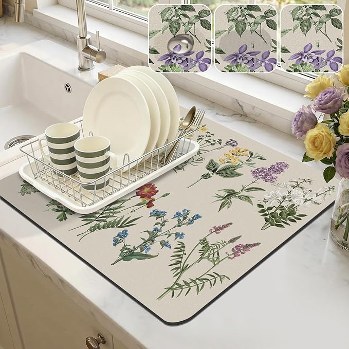 LOKHOM Dish Drying Mat for Kitchen Counter, 16"x18" Absorbent Coffee Bar Mat with Vintage Sage Flower Herbs, Dish Drainer Rack Mat for Kitchen Counter