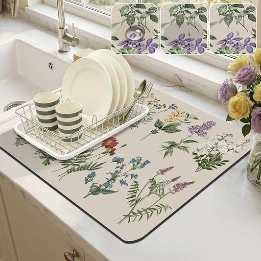 LOKHOM Dish Drying Mat for Kitchen Counter, 16"x18" Absorbent Coffee Bar Mat with Vintage Sage Flower Herbs, Dish Drainer Rack Mat for Kitchen Counter