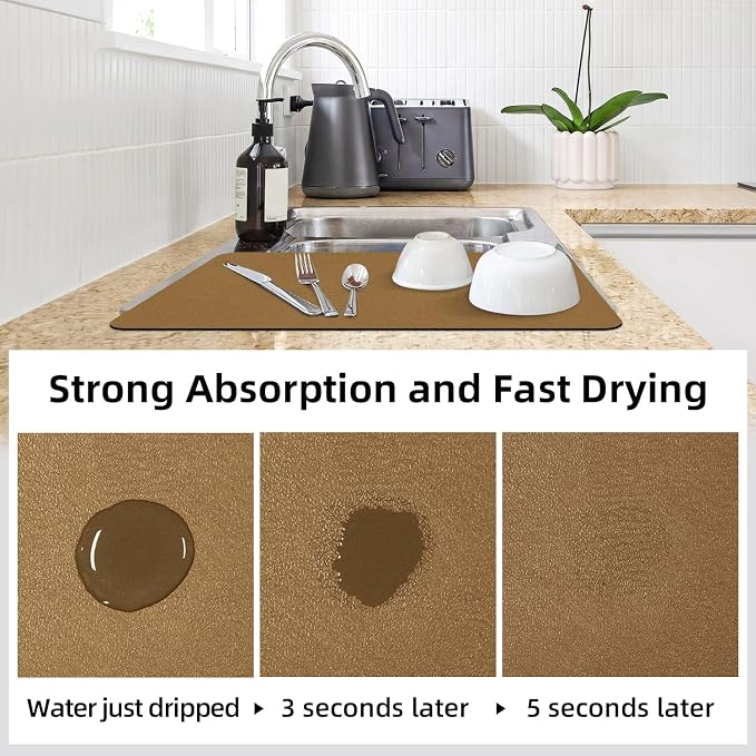 LOPNUR Kitchen Dish Drying Mat, 24"x16" Large Dish Drying Mats for Kitchen Counter, Diatomite Coffee Mat, Super Absorbent Dish Drying Pad, Heat Resistant Mat with Anti-slip Rubber Backed, Brown