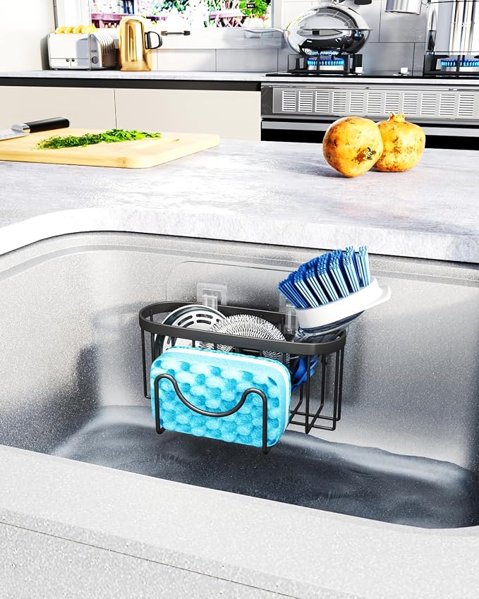 HapiRm Multifunctional Sponge Holder with Unique M-Shaped, 2 Installation Methods Kitchen Sink Caddy Organizer, Rustproof Stainless Steel Kitchen Organizers and Storage Essentials - Black