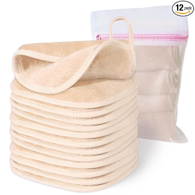Natwag Makeup Remover Cloth, 6" x 6" Make Up Towels Reusable Face Cloth for Washing Face, 12 Pack Makeup Remover Pads Microfiber Face Washcloth with Mesh Bag, Beige