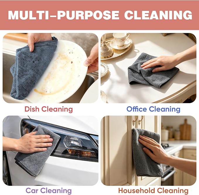 TEAWOO 10 PCS Grey Microfiber Cleaning Cloths, Highly Absorbent Microfiber Towels for Car, Kitchen, Bathroom and Household Cleaning, 11.8" X11.8