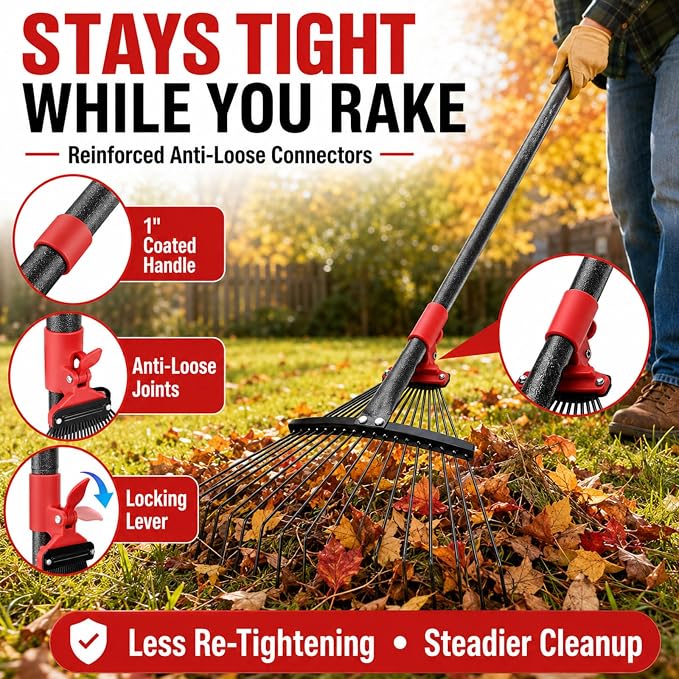 Collapsible Garden Rake, 8"-17" Expandable Metal Leaf Rake with 70" Long Handle, Lightweight Yard Rake for Leaves, Pine Needles, Flower Beds, Shrubs, Small Lawns and RV Camping