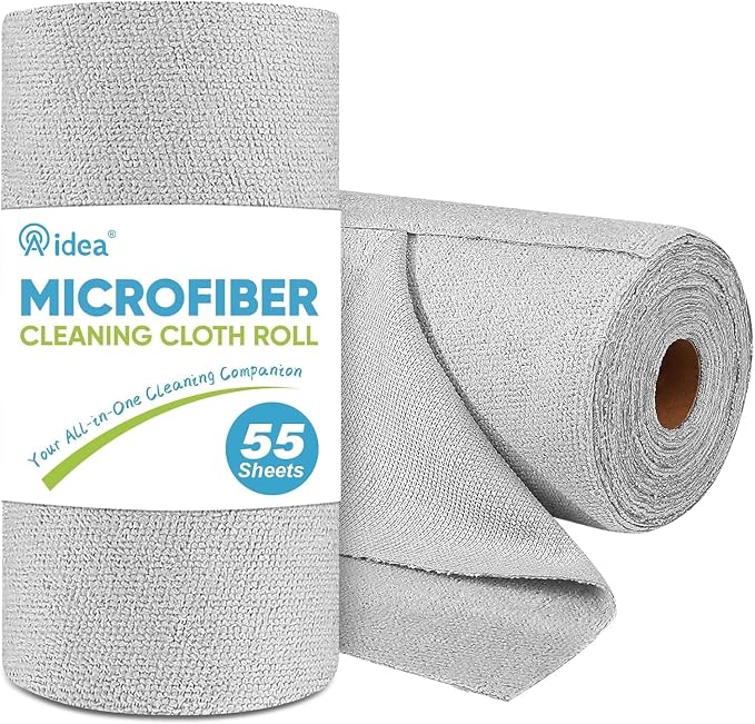 AIDEA Microfiber Cleaning Cloth Roll-55 Sheets, Microfiber Towels 11×9" | Reusable Paper Towels, Shop Towels Cleaning Rags for Automotive, Workshop, House, Kitchen, Car Cleaning Supplies, Grey